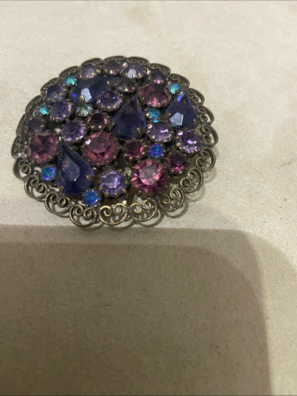 Albert Weiss Multicolored Purple, Blue and Pink Rhinestone Filigree Brooch